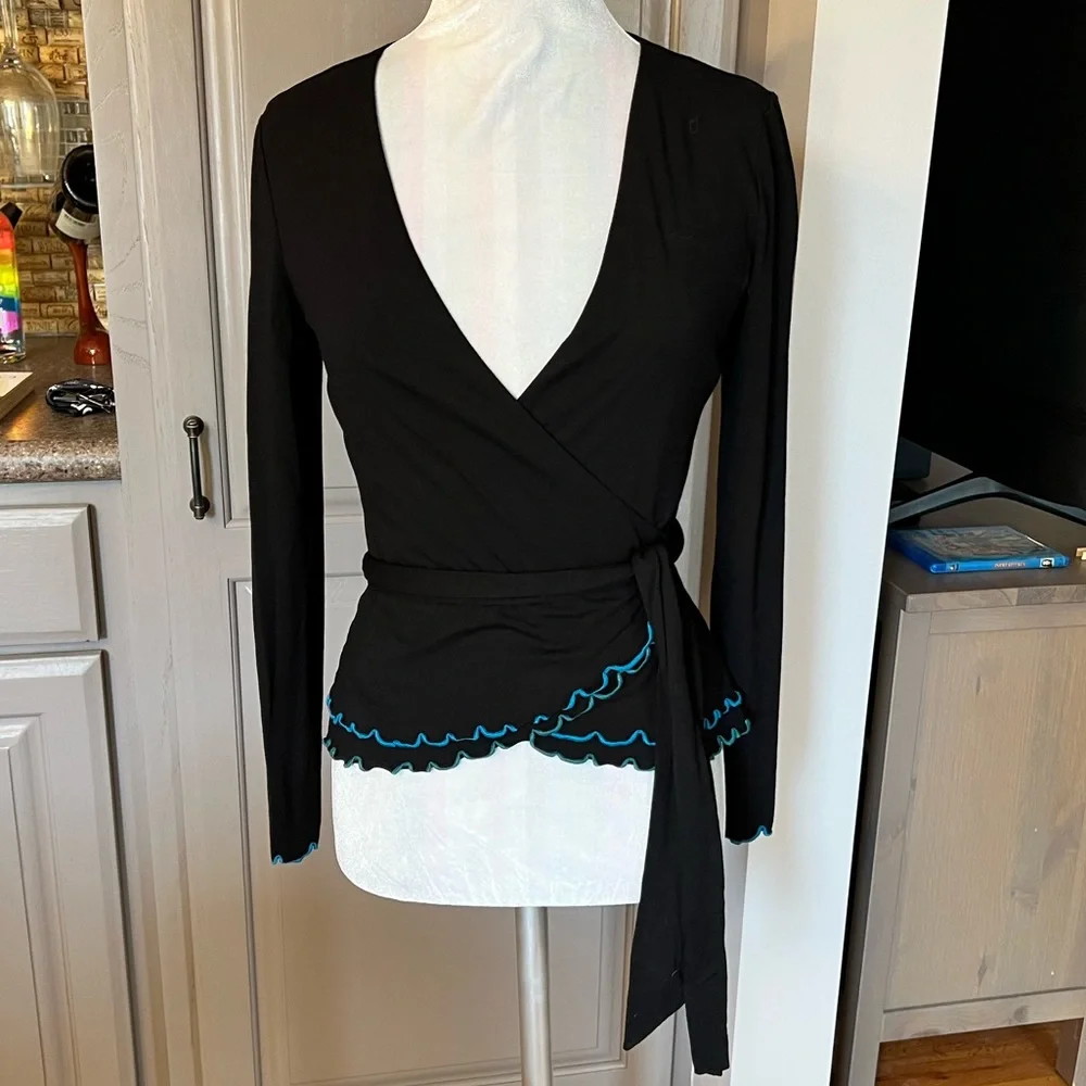 Diane Von Furstenberg Black True Wrap Blouse with Ruffled Turquoise & Aqua Hems